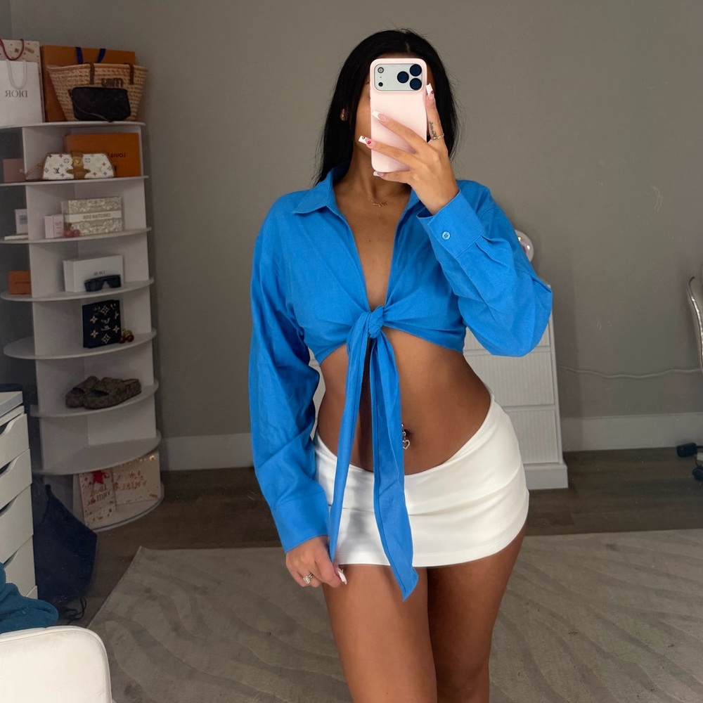 FashionNova Alia Linen Tie Front Cropped Top